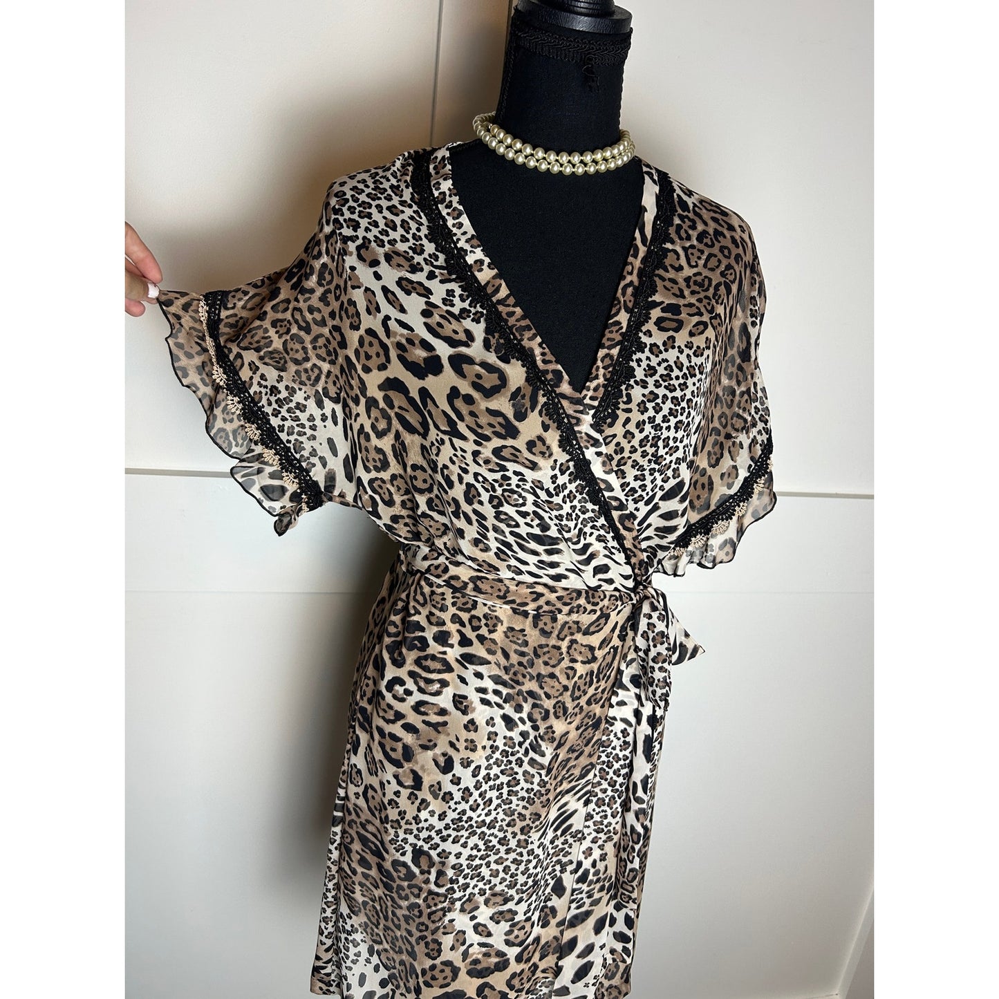 Y2K Indie Sleaze Linea Donatella Cheetah Print Chiffon Lace Ruffle Robe S/M