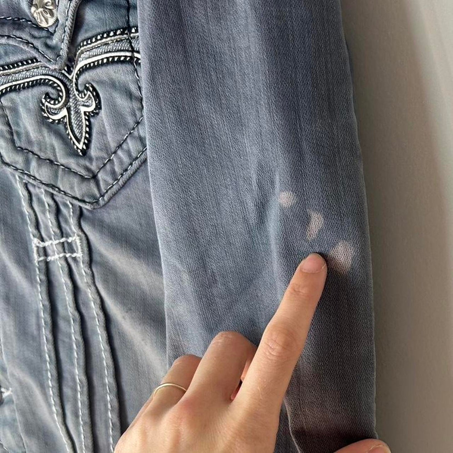Rare Rock Revival Denim Jacket – Y2K Embroidered Thick Stitch Distressed Trucker Biker Jean Jacket