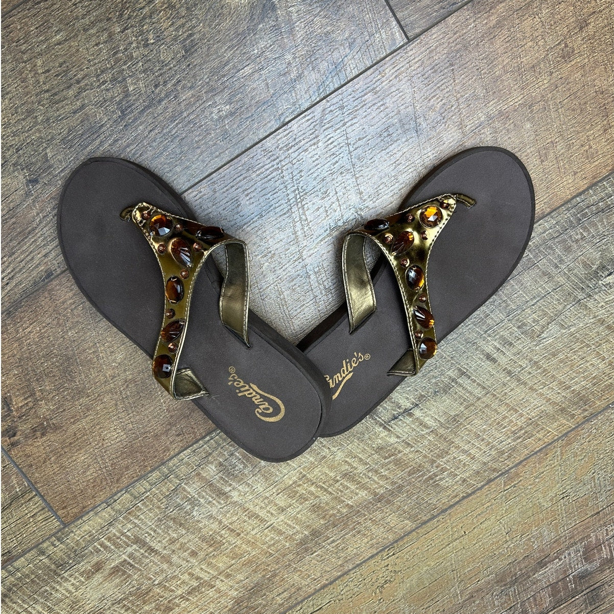 Y2K Candie’s Brown Platform Flip Flops Gem Embellished Indie Sleaze Size 6/7