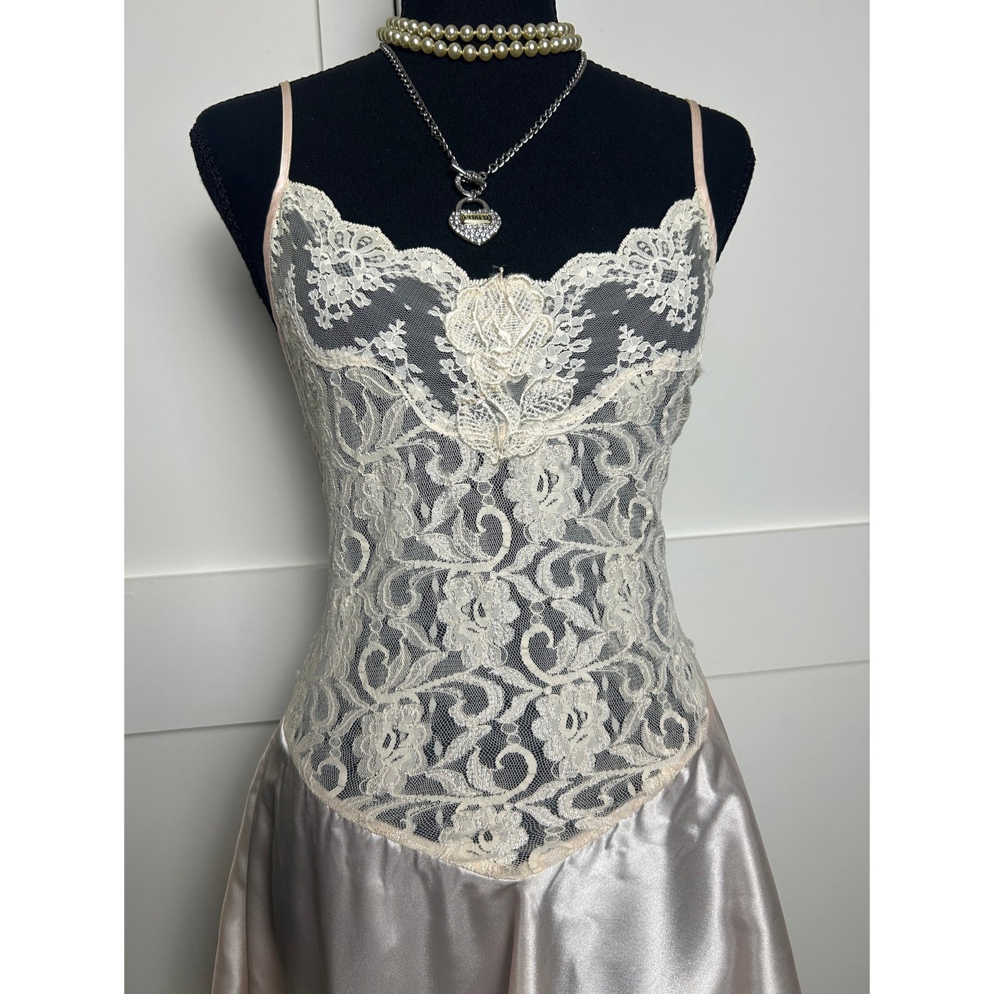 Vintage Intimo Amore Sears Pink Lace Bodice Drop Waist Slip Dress L