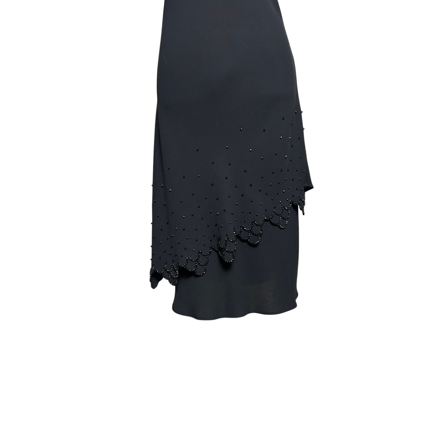 🖤 Vintage 90s Beaded Black Evening Gown – Asymmetrical Flutter Sleeve