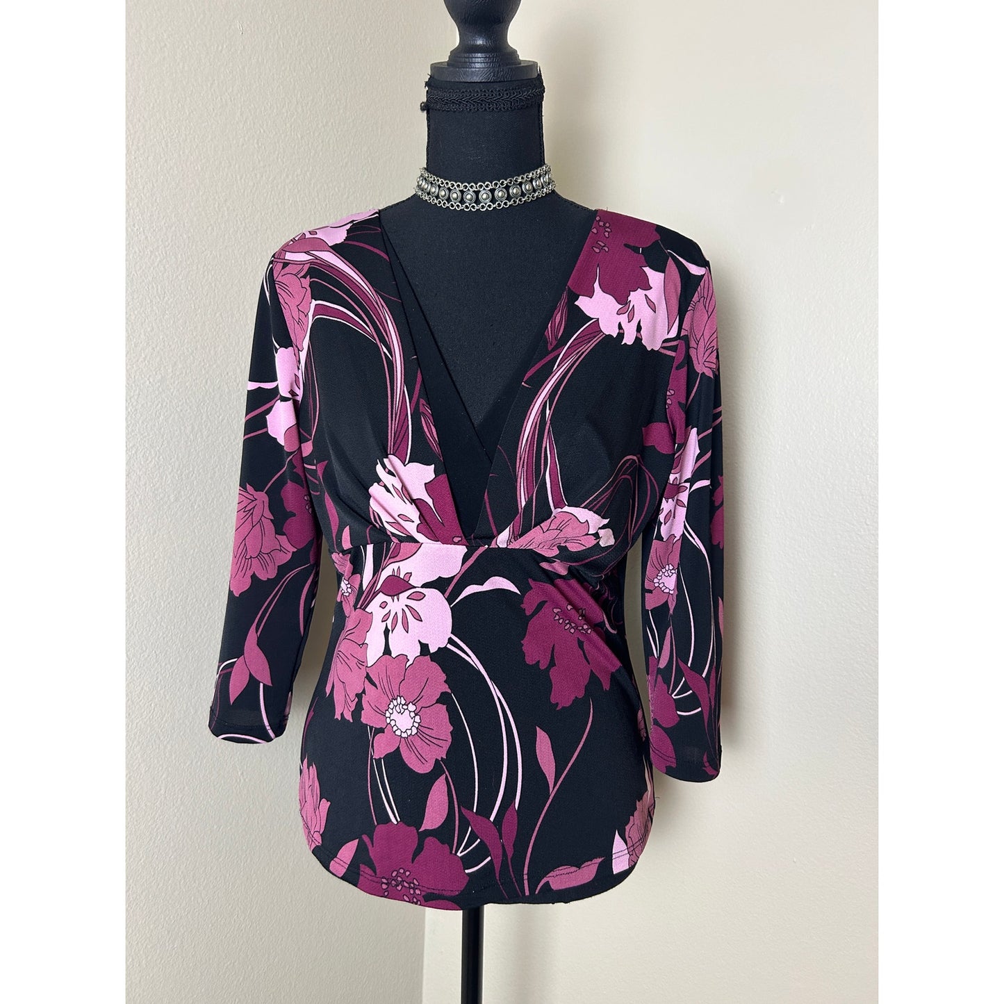 Y2K Dark Floral Mesh Top 3/4 Arm J.T.B. Grunge Fairy Größe S/M