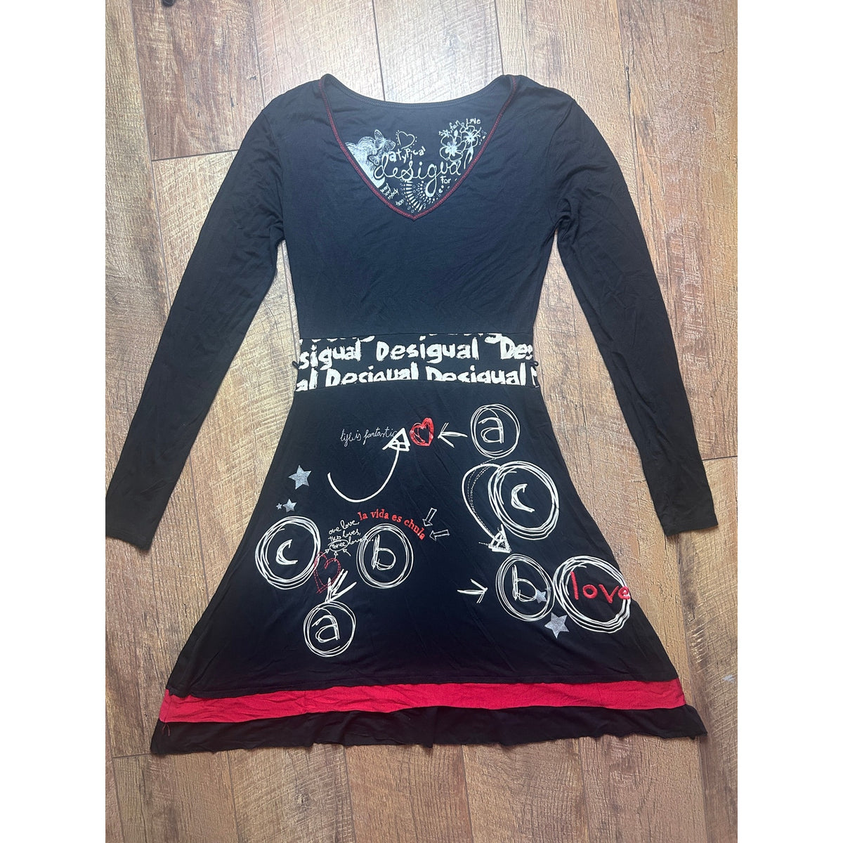 Desigual Bamboo Layered Fit & Flare Dress Size S | Euro Grunge Y2K Long Sleeve Fall Dress