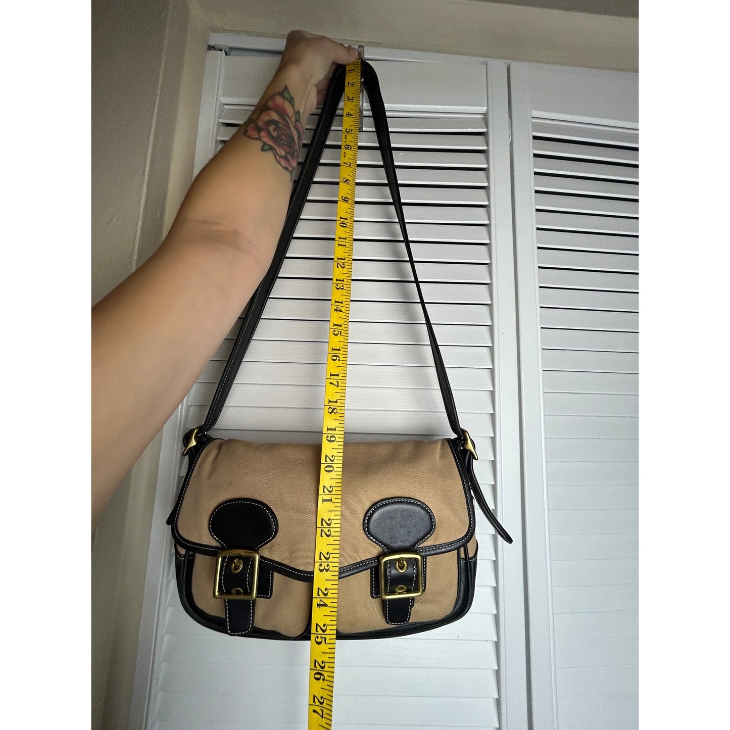 Coach 9121 Tan Canvas & Black Leather Messenger Bag Y2K Crossbody Retro Minimalist