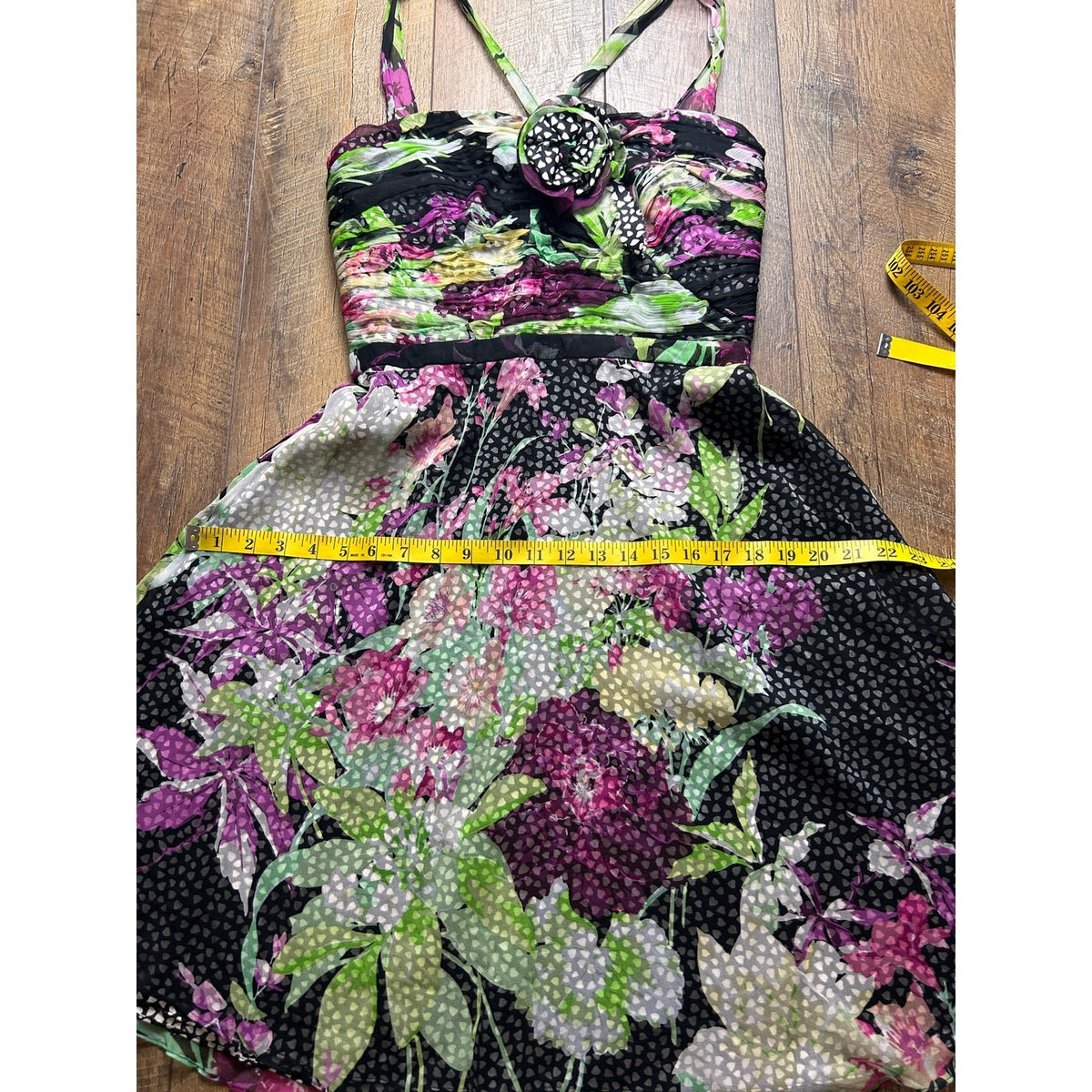 bryan bradley chiffon silk polka dot, floral silk dress perfect for homecoming size 6