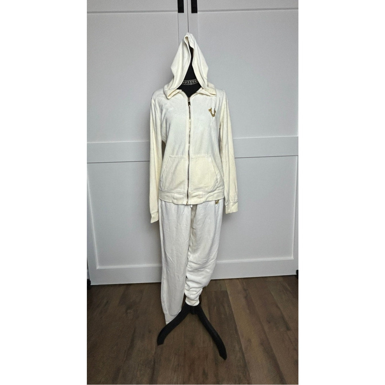 True Religion Cream Gold Embroidered Tracksuit Set Velour Y2K Hoodie Joggers L XL