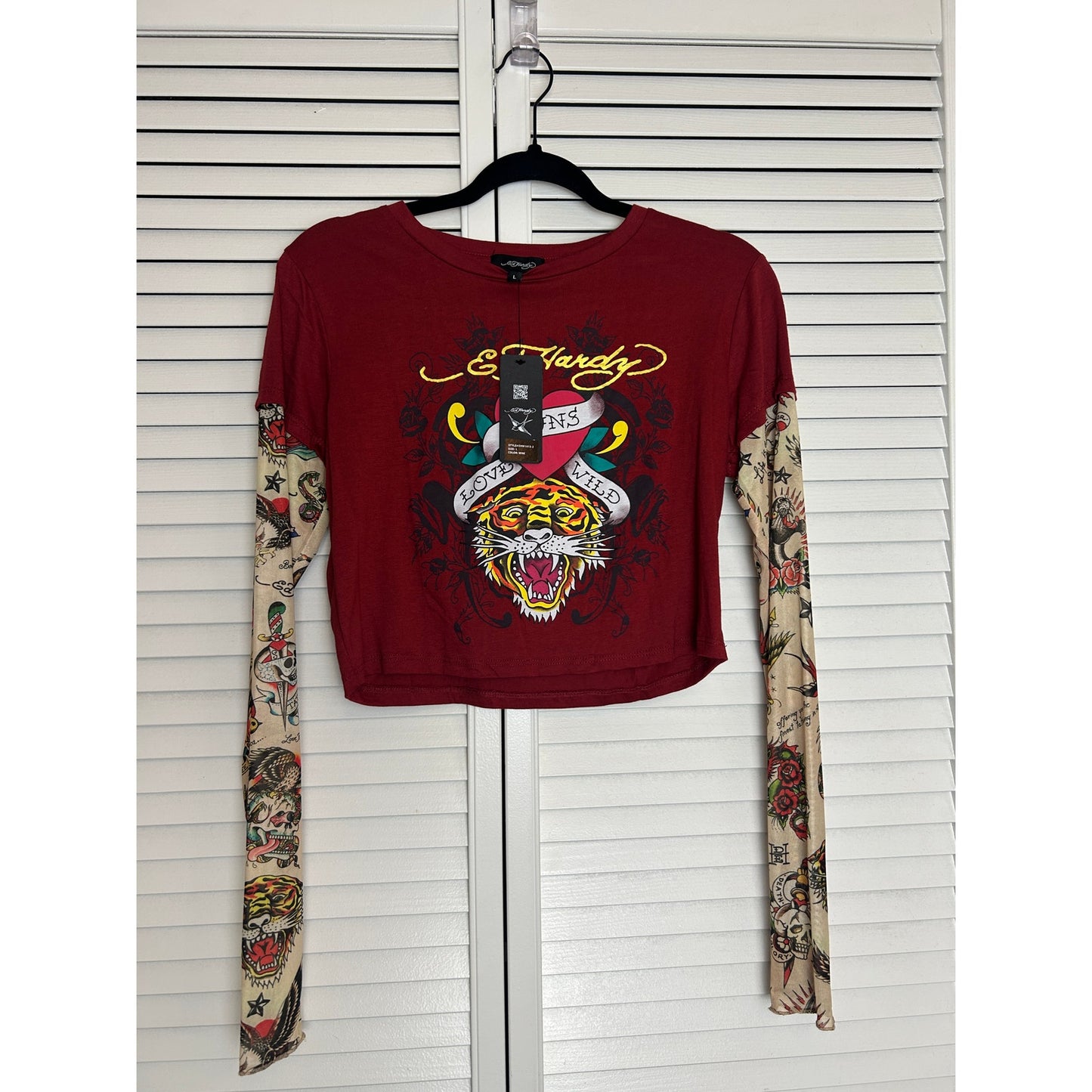 Ed Hardy Love Runs Wild Tiger Cropped Mesh Tattoo Sleeve Top Y2K McBling NWT