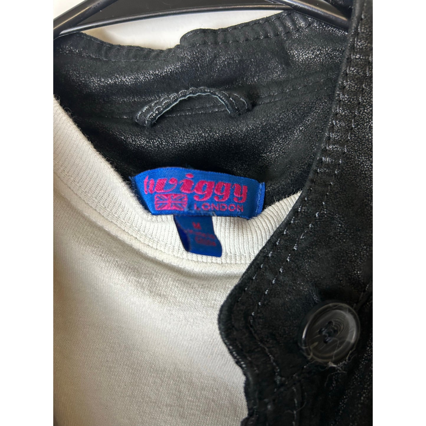 Twiggy London worn in leather look moto jacket with union jack lining