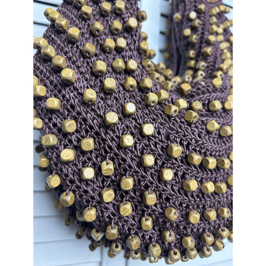Sac de marché en crochet bohème avec perles en bois, fourre-tout marron terreux, sac à bandoulière souple pour festival