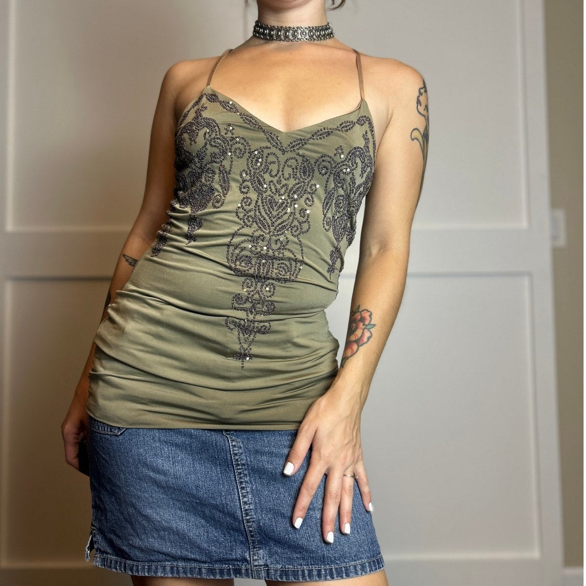 y2k going out top rampage olive green beaded bodycon dress/tank size s