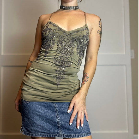 y2k going out top rampage olive green beaded bodycon dress/tank size s