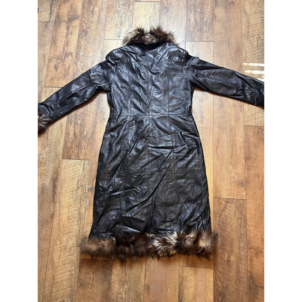 Vintage Italian Leather Penny Lane Coat Black Genuine Leather Fox Fur Trim Long Y2K