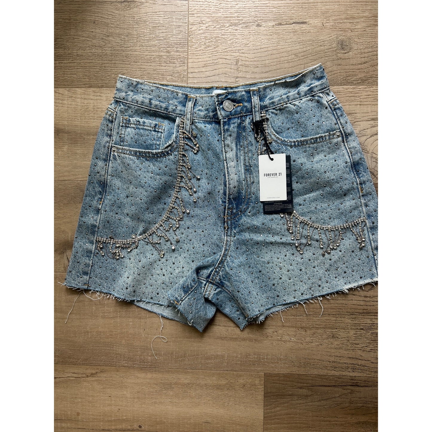nwt forever 21 rhinstone fringe cutoff shorts light wash denim