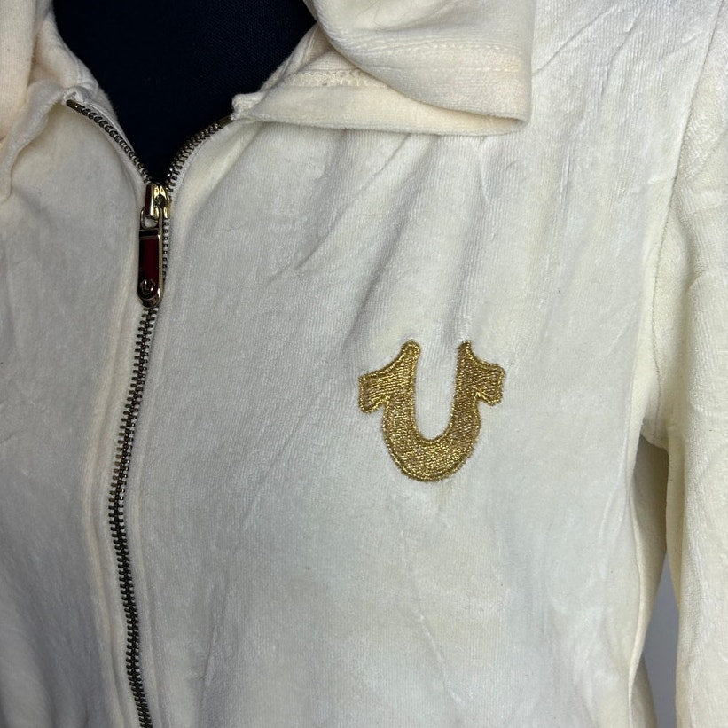 True Religion Cream Gold Embroidered Tracksuit Set Velour Y2K Hoodie Joggers L XL