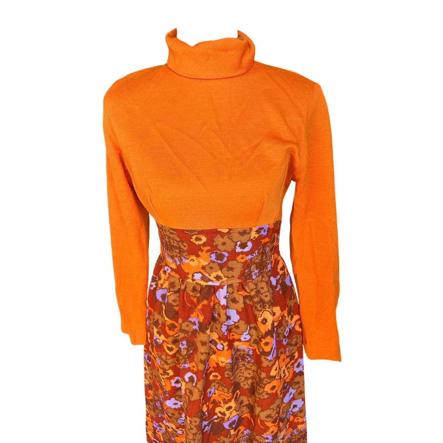 🌼 70s Orange & Purple Floral Mock Neck Maxi Dress