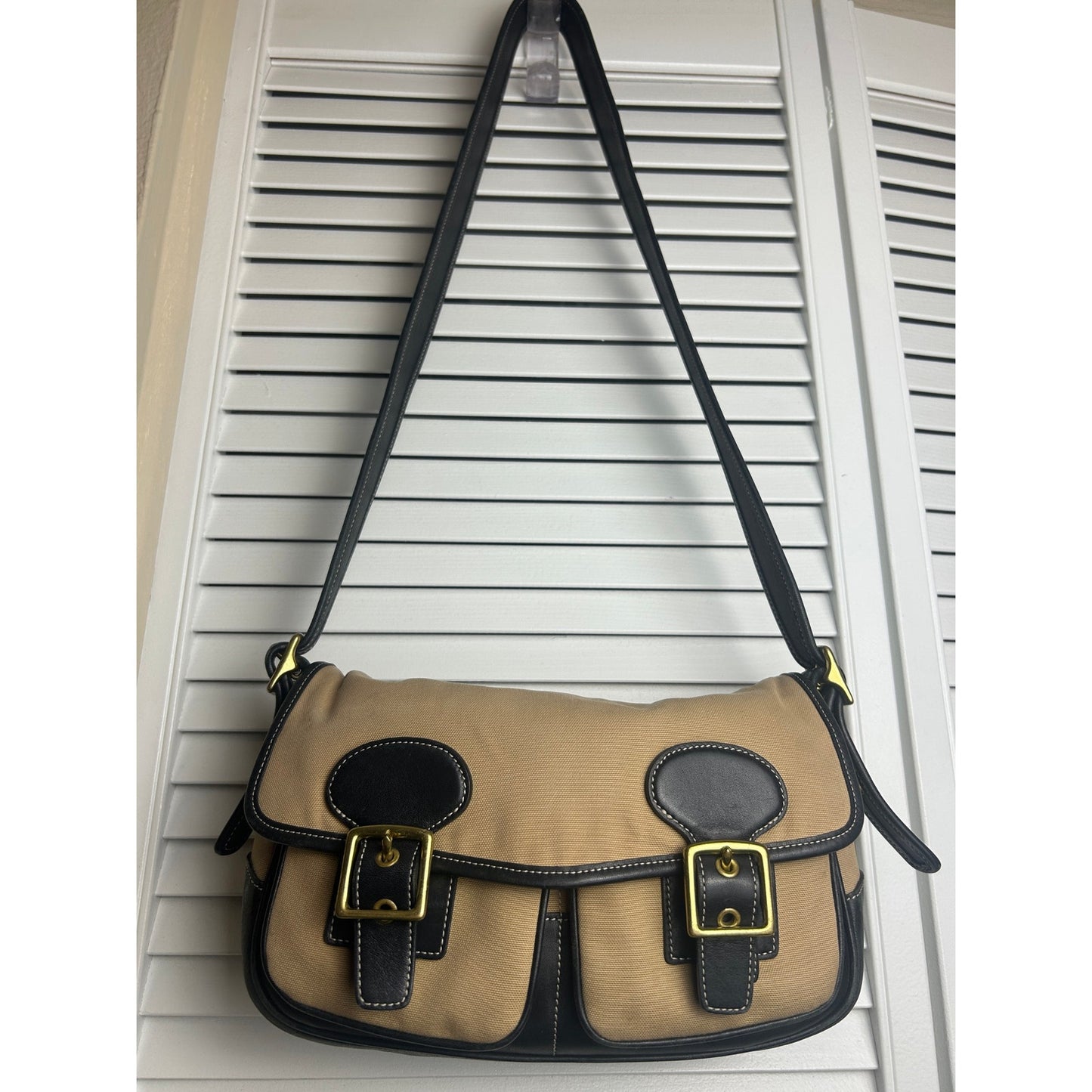 Coach 9121 Tan Canvas & Black Leather Messenger Bag Y2K Crossbody Retro Minimalist