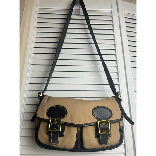 Coach 9121 Umhängetasche aus beigem Canvas und schwarzem Leder Y2K Crossbody Retro Minimalistisch
