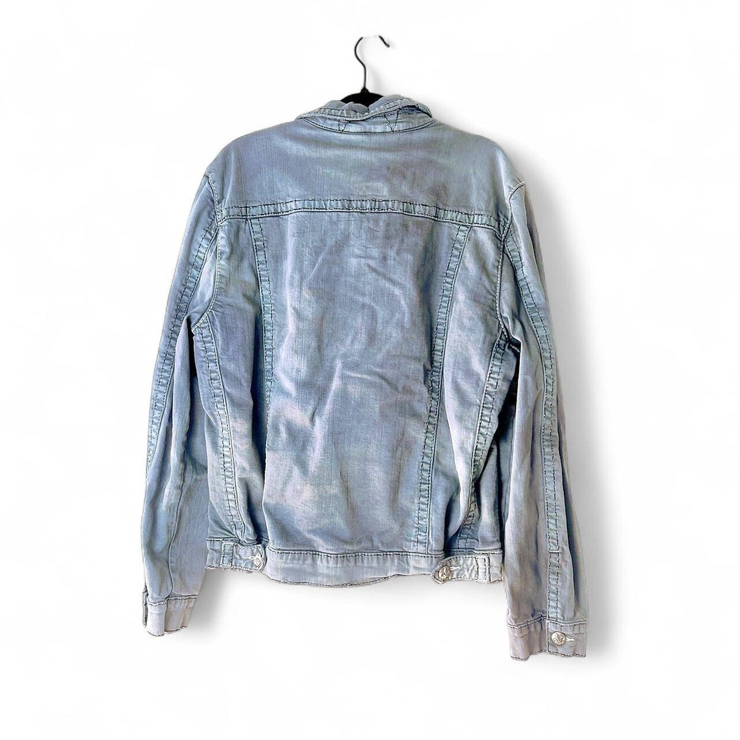 Rare Rock Revival Denim Jacket – Y2K Embroidered Thick Stitch Distressed Trucker Biker Jean Jacket