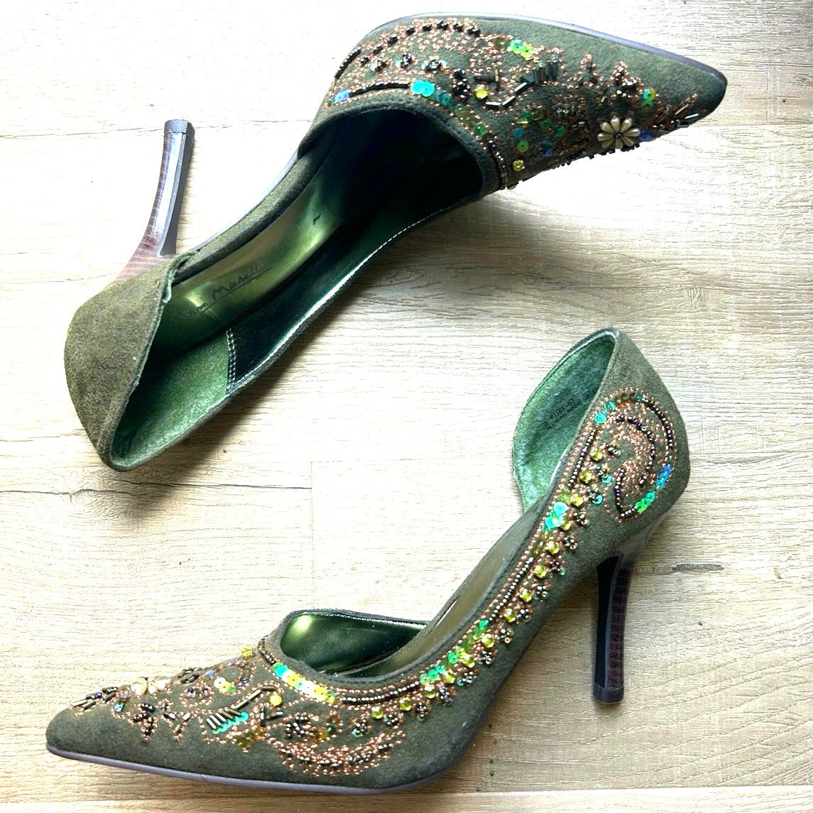Anne Michelle Women's Green D'Orsay Stiletto Heels Pointed Toe Sequin Flower