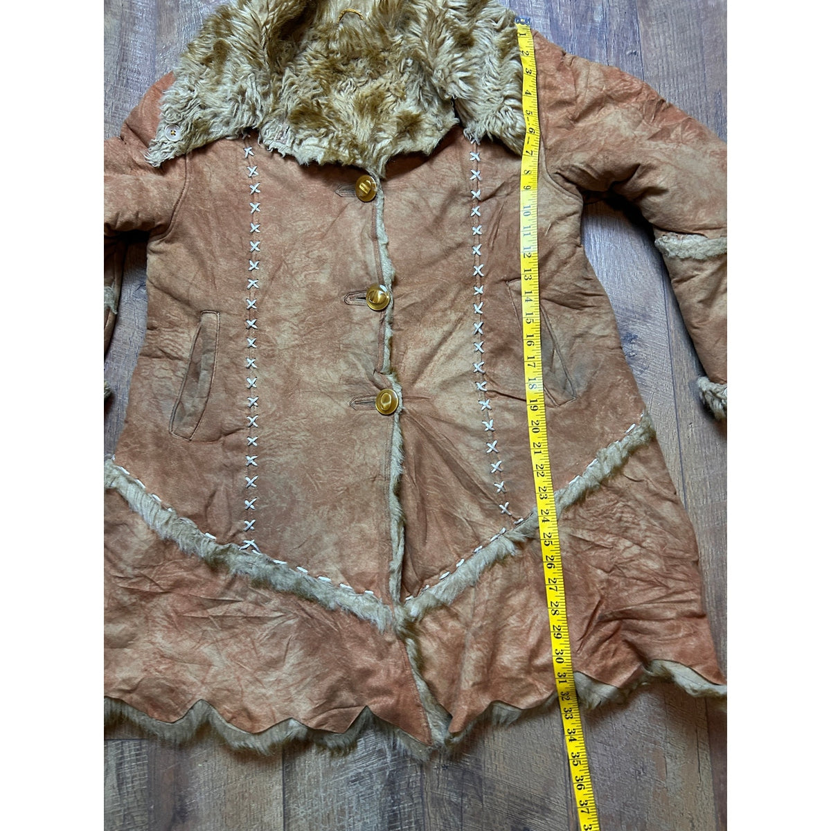 Liang Mei Qi Yao Shearling Jacket Size 52 Asymmetric Whipstitch Raw Hem Western Y2K