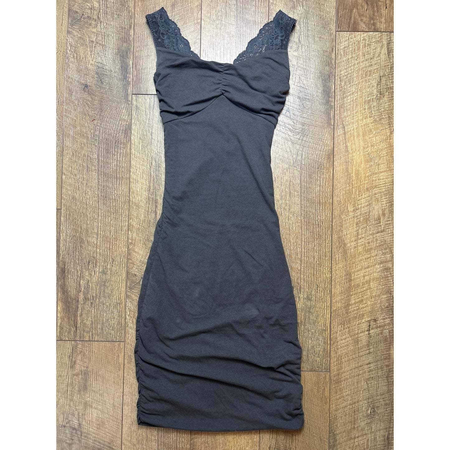 express jersey lace trim tank dress skim style rouched sides snatched fit