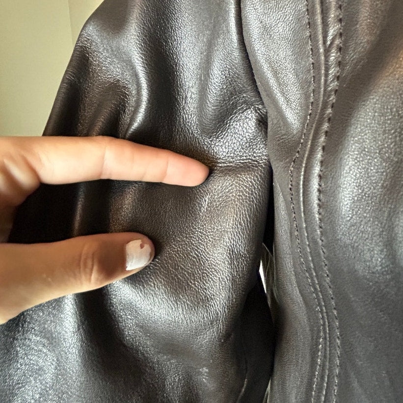 Y2K Indie Sleaze Jones New York Braune Lederjacke Plissiert Reißverschluss Grunge