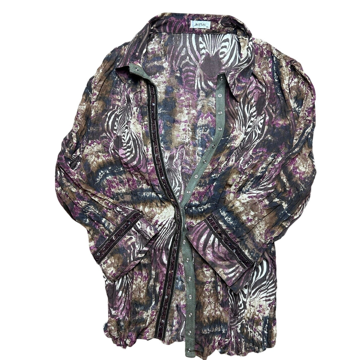 jaipur animal print snap up long sleeve crinkle top size xl