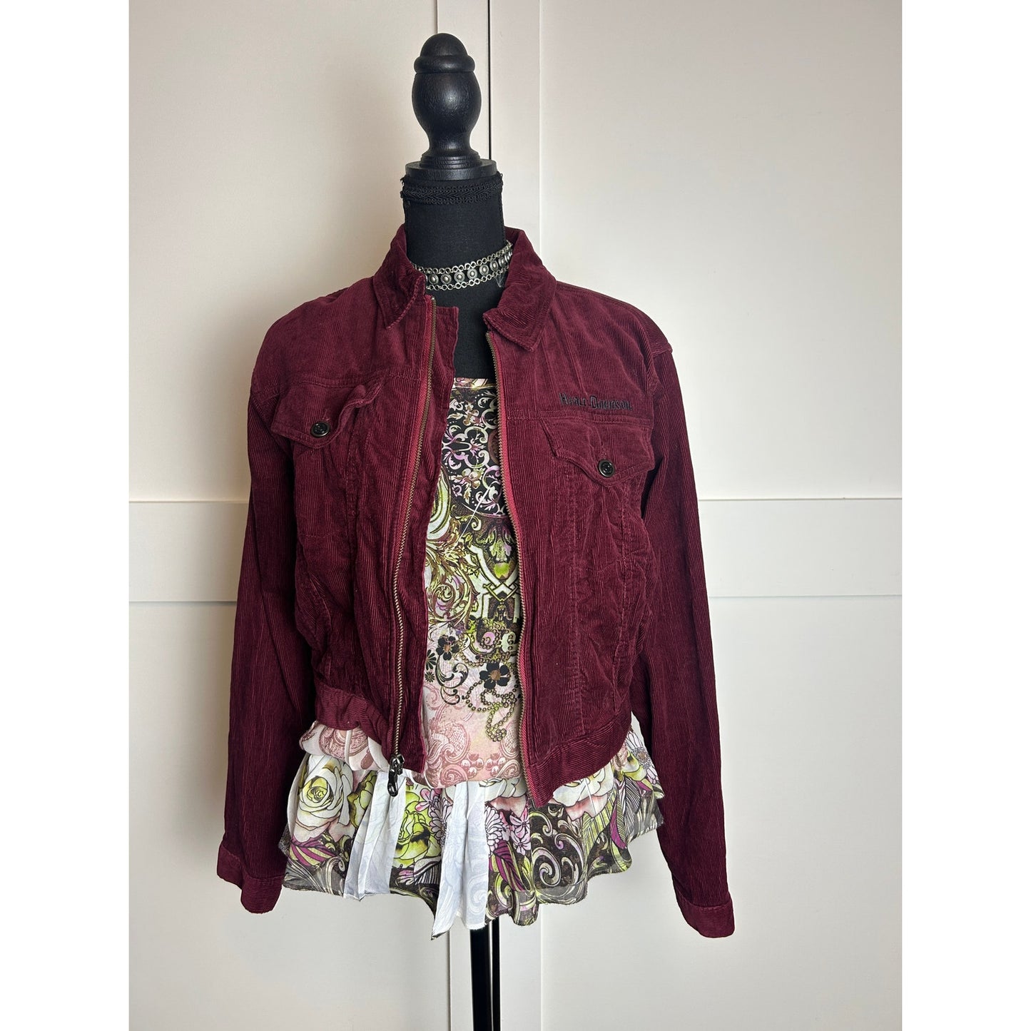 Harley Davidson Burgundy Corduroy Cropped Jacket Moto Biker Y2K Size S/M