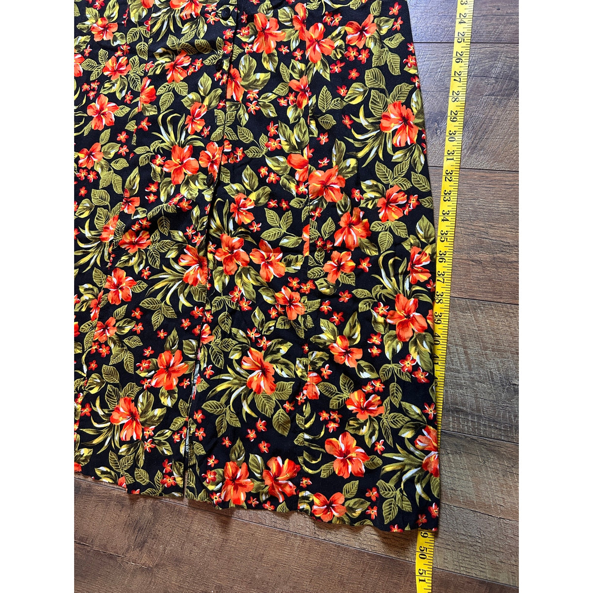 Vintage Erika 90s Orange Green Hibiscus Rayon Button Down Maxi Dress L