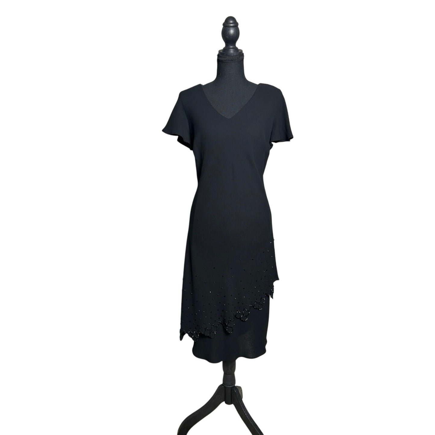 🖤 Vintage 90s Beaded Black Evening Gown – Asymmetrical Flutter Sleeve