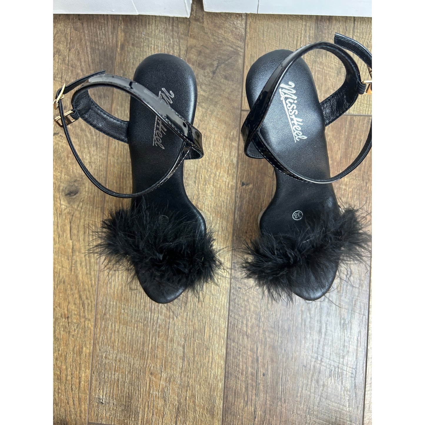Miss Heel Clear Platform Feather Slingback Heels Size 38 Y2K Strappy Party Shoes