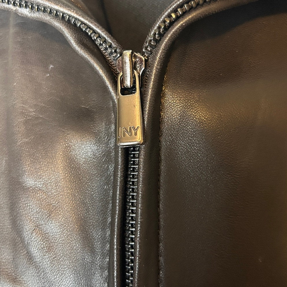 Y2K Indie Sleaze Jones New York Braune Lederjacke Plissiert Reißverschluss Grunge