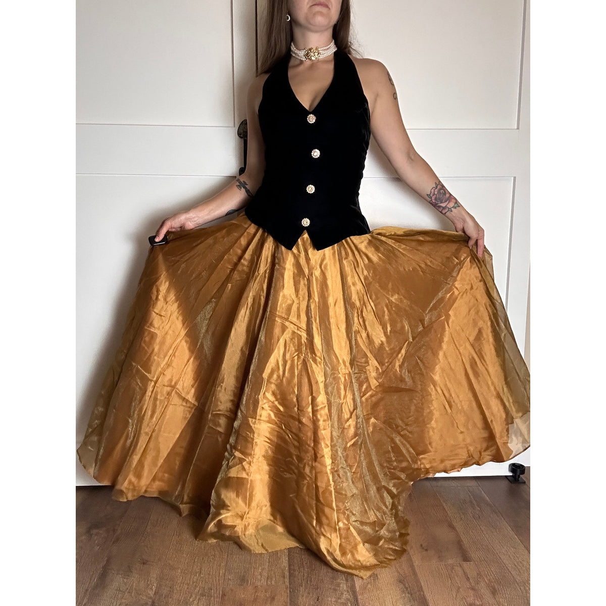 ✨ Michaelangelo Velvet & Gold Taffeta Gown – Crystal Button Waistcoat Detail