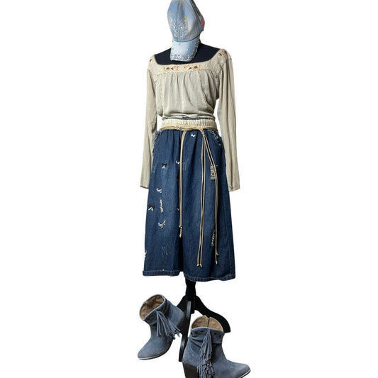 jupe longue en chambray à empiècement papillon taille ajustable fanas venus taille s/m