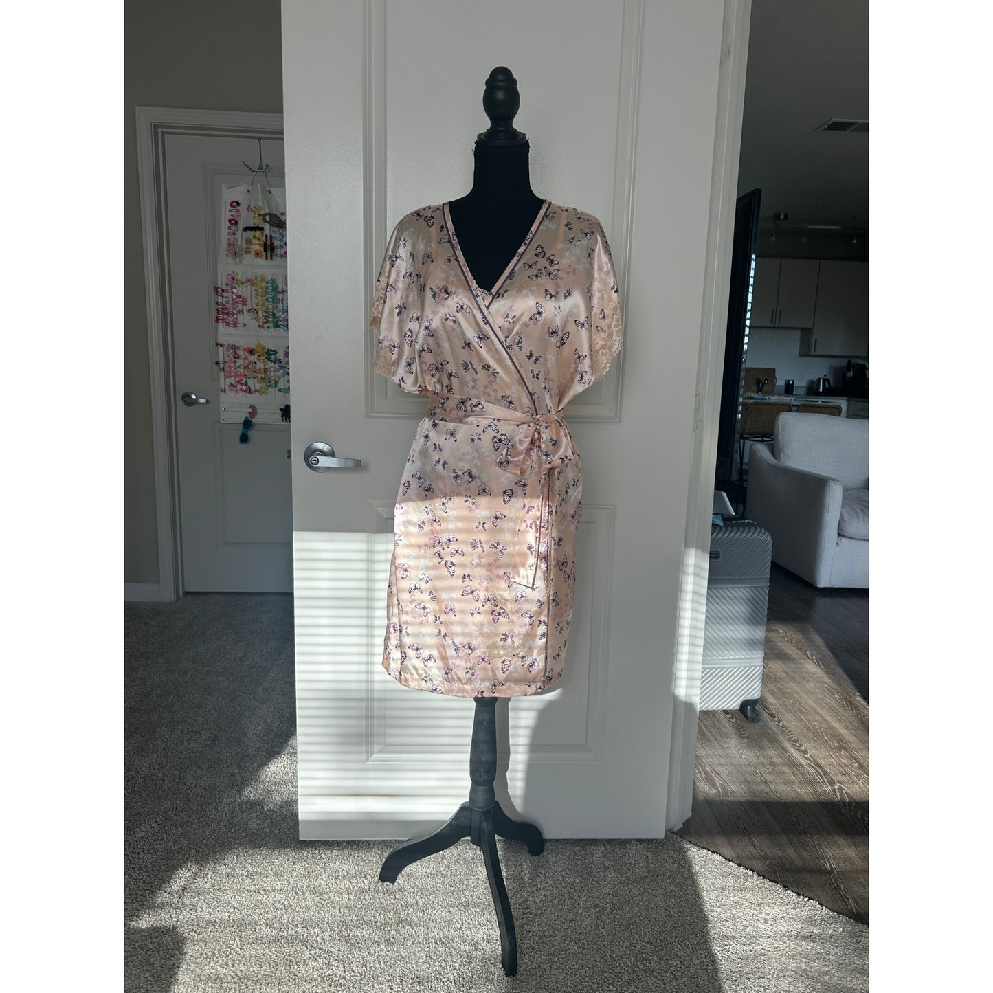 Morgan Taylor Satin Robe + Slip Set 🦋 Pink Butterfly Print Y2K Lingerie