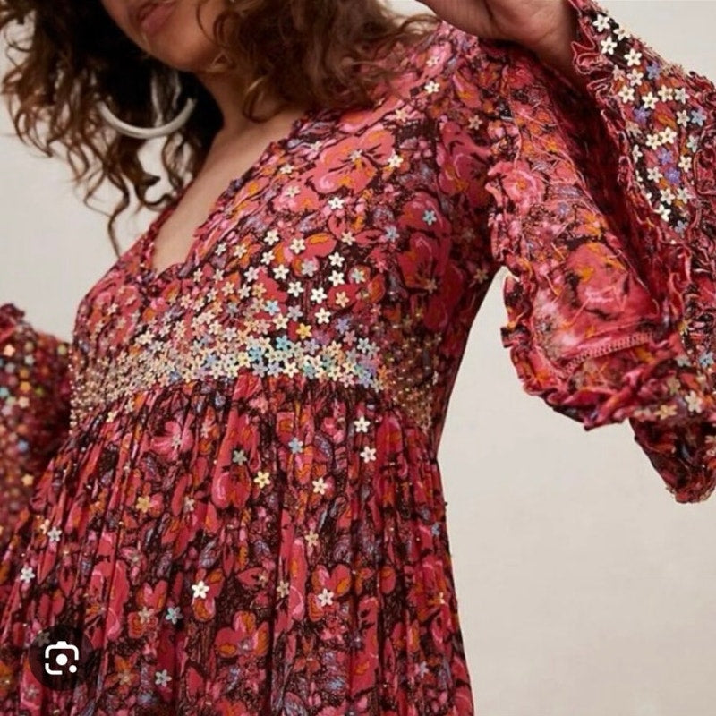 Free People Bali Sweet Blossom Tunic Dress S Boho Flowy $350 MSRP