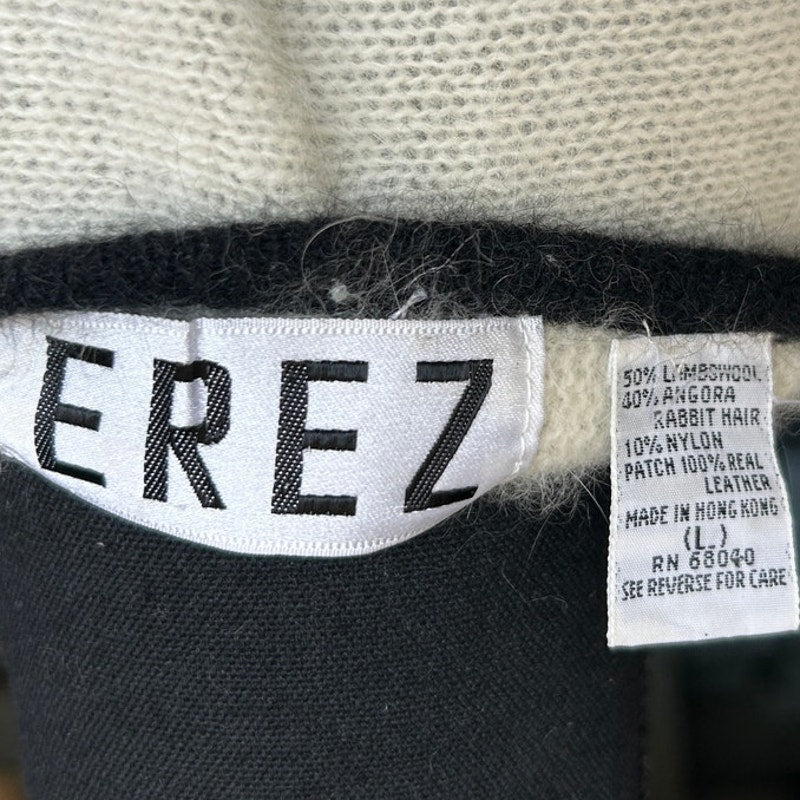 Erez lambswool, angora, leather patch sweater black and white size large