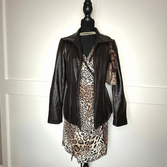 Y2K Indie Sleaze Jones New York Braune Lederjacke Plissiert Reißverschluss Grunge