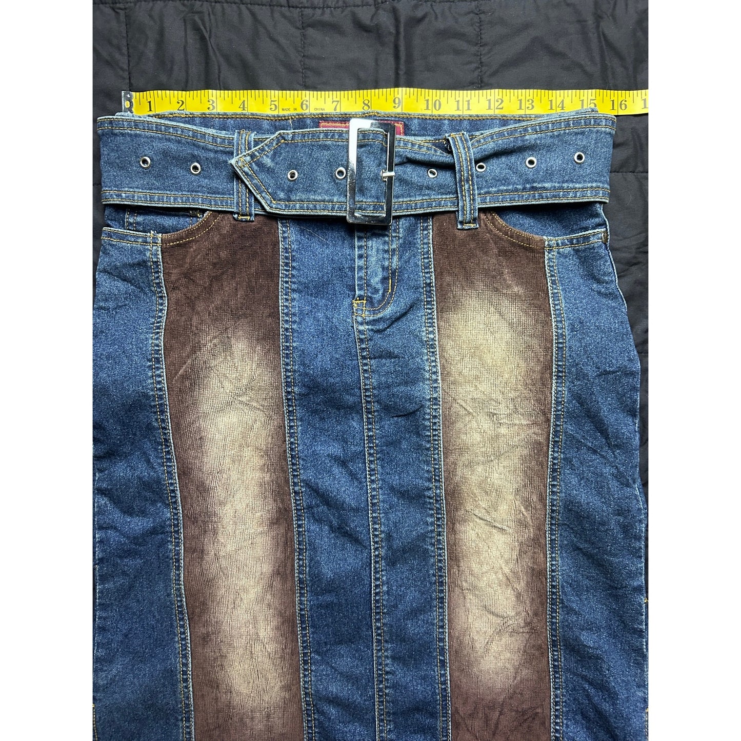 Euro Y2K it girl corduroy and denim belted skirt size large by new sensation