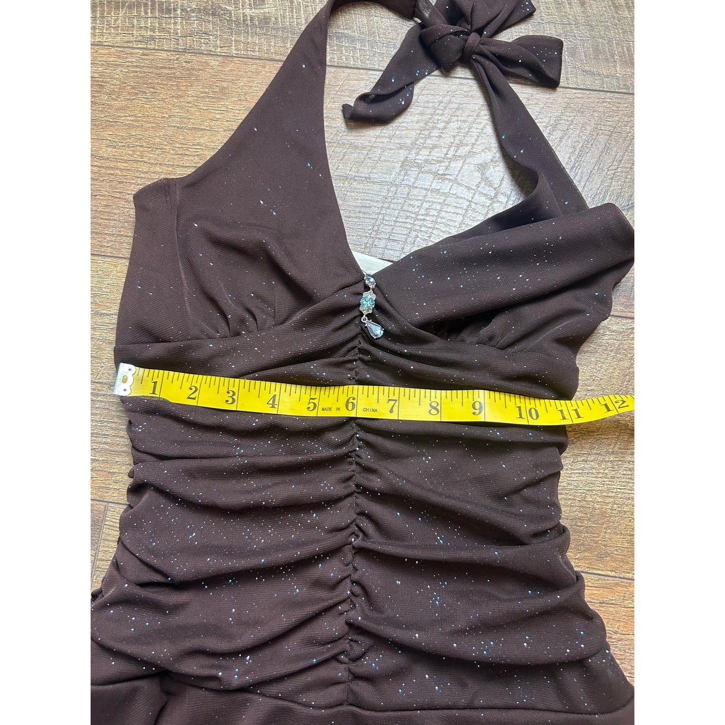 y2k fairy hem halter neck sparkly brown and blue dress