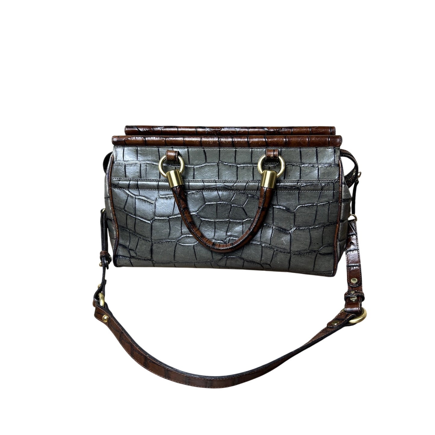 sac à main vintage Brahmin Nancy motif croco gris et marron, ferrures dorées