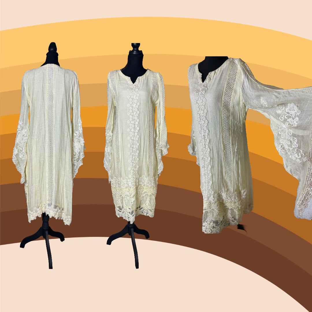 ✨ 1970s Angel Sleeve Boho Goddess Wedding Dress — Beading & Daisy Details