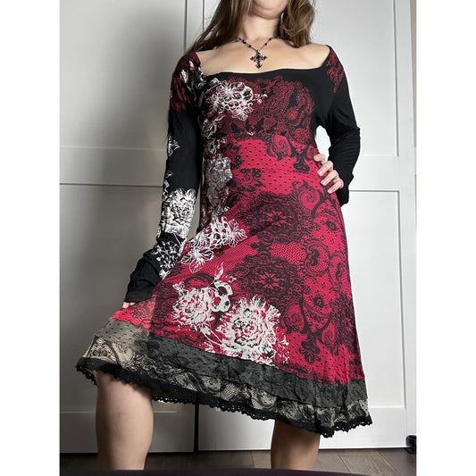 Desigual 36V2001 Red Black White Fit & Flare Dress XL Euro Grunge Y2K