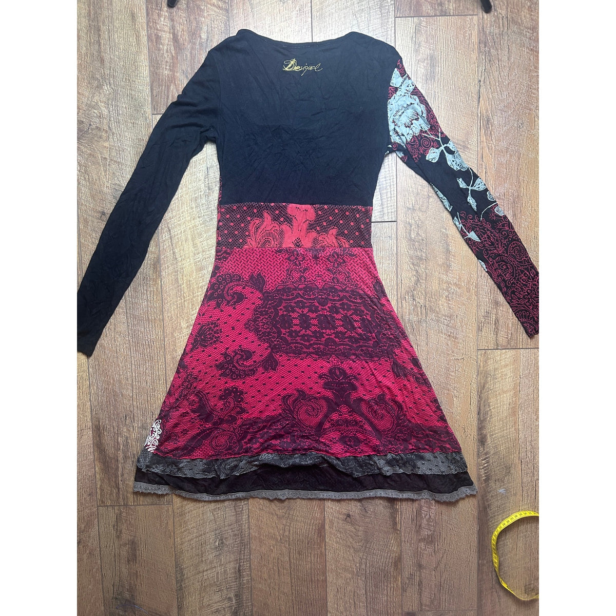 Desigual Red Black White Layered Bamboo Dress Size S | Y2K Fit & Flare