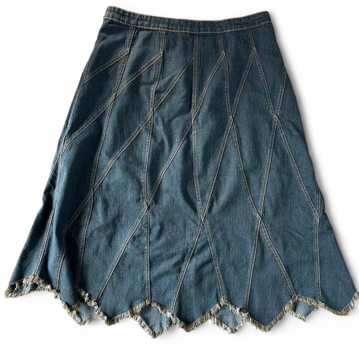 B girl size 36x34 dark wash denim maxi skirt with patchwork & frayed zigzag hem