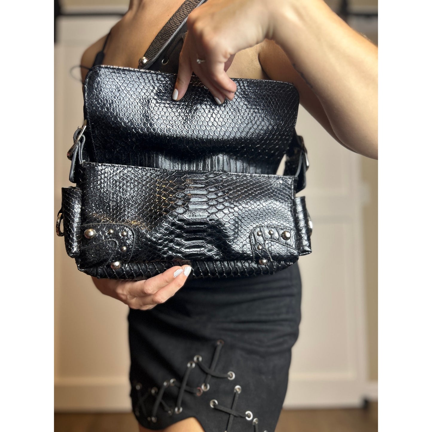 Y2K Black Croc Embossed Shoulder Bag by CMZ Vintage Faux Leather Purse
