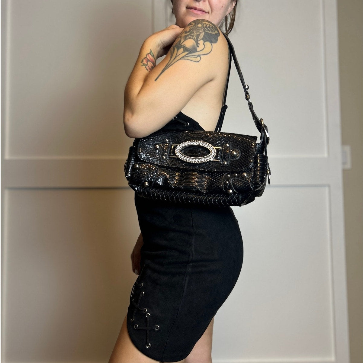 Y2K Black Croc Embossed Shoulder Bag by CMZ Vintage Faux Leather Purse