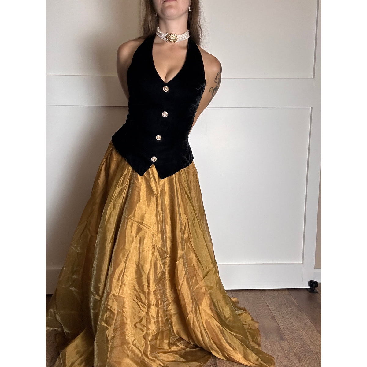 ✨ Michaelangelo Velvet & Gold Taffeta Gown – Crystal Button Waistcoat Detail
