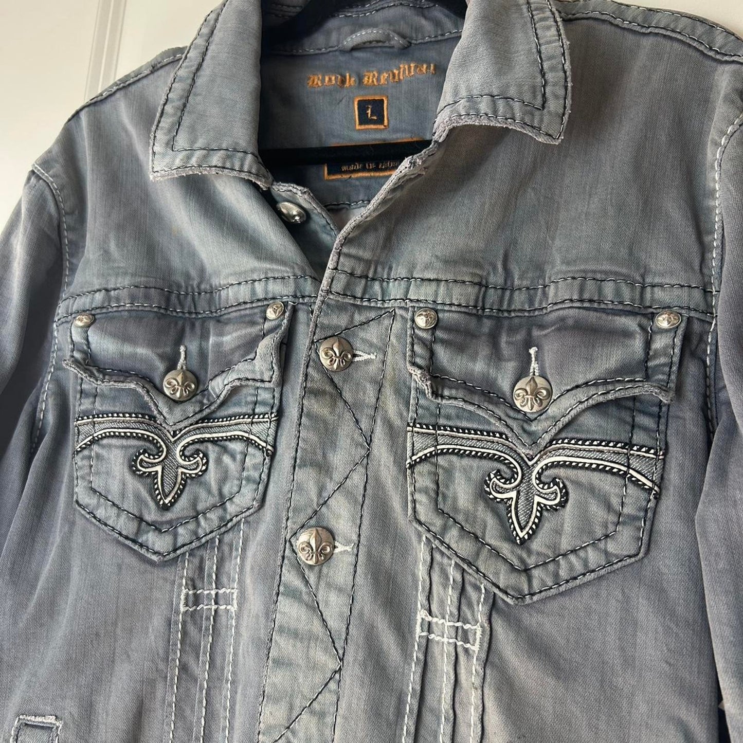 Rare Rock Revival Denim Jacket – Y2K Embroidered Thick Stitch Distressed Trucker Biker Jean Jacket