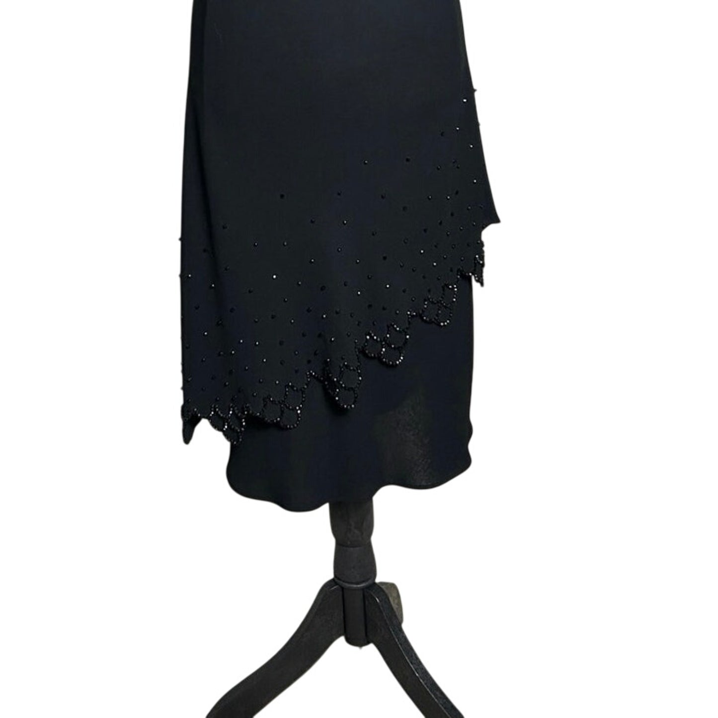 🖤 Vintage 90s Beaded Black Evening Gown – Asymmetrical Flutter Sleeve